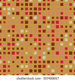 Seamless square pattern. Abstract background with geometric pattern in pink, red, white, gold, brown. Multicolored squares of different sizes. Geometrical fabric print. Seamless vector background
