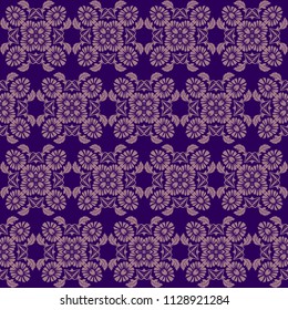 Seamless square pattern from abstract geometrical floral ornaments in lilac color on a purple background. Vector illustration. Suitable for fabric, wallpaper and wrapping paper