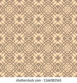Seamless square pattern from beige geometrical abstract ornaments on a light background. Vector illustration. Suitable for fabric, wallpaper and wrapping paper
