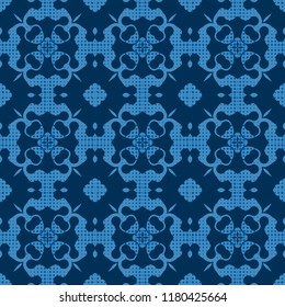 Seamless square pattern from blue geometrical abstract ornaments on a dark background. Vector illustration. Suitable for fabric, wallpaper and wrapping paper
