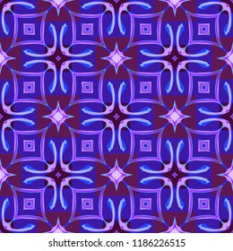 Seamless square pattern from blue geometrical abstract ornaments on a dark purple background. Vector illustration. Suitable for fabric, wallpaper and wrapping paper