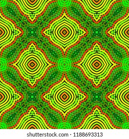 Seamless square pattern from brigh geometrical abstract ornaments multicolored in green, yellow and red shades on a dark background. Vector illustration. Suitable for fabric, wallpaper, wrapping paper