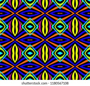 Seamless square pattern from bright multicolored geometrical abstract ornaments on a dark background. Vector illustration. Suitable for fabric, wallpaper and wrapping paper