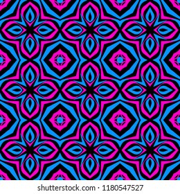 Seamless square pattern from bright pink and blue geometrical abstract ornaments on a black background. Vector illustration. Suitable for fabric, wallpaper and wrapping paper