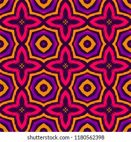 Seamless square pattern from bright red, orange and violet geometrical abstract ornaments on a dark background. Vector illustration. Suitable for fabric, wallpaper and wrapping paper