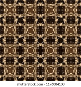 Seamless square pattern from brown geometrical abstract ornaments on a dark background. Vector illustration. Suitable for fabric, wallpaper and wrapping paper