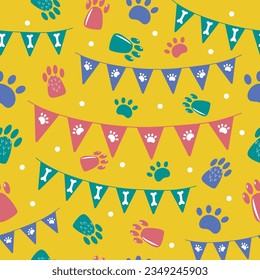 Seamless square pattern with bunting garlands, paws and bones for dog party. Vector hand drawn design.