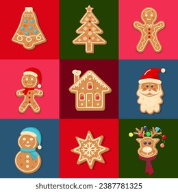 Seamless square pattern with Christmas gingerbread cookies. Geometric checkered print for wrapping paper, background, wallpaper, posters.  
