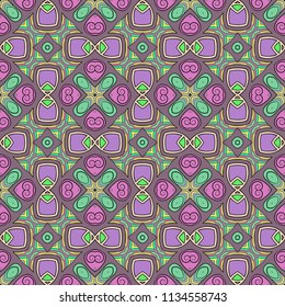Seamless square pattern from circular abstract floral ornaments multicolored in green and purple shades on a dark background. Vector illustration. Suitable for fabric, wallpaper and wrapping paper