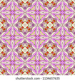 Seamless square pattern from circular abstract floral ornaments multicolored in lilac, green and red shades on yellow background. Vector illustration. Suitable for fabric, wallpaper and wrapping paper