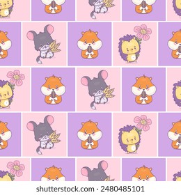 Seamless square pattern with cute rodent. Funny cartoon character chinchilla, hamster and hedgehog on bright geometric checkered background. Vector illustration. Kids collection