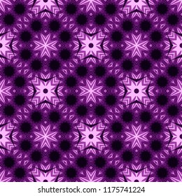 Seamless square pattern from dark violet geometrical abstract ornaments on a pink background. Vector illustration. Suitable for fabric, wallpaper and wrapping paper