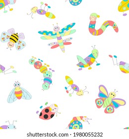 Seamless square pattern with drawn colorful cute insects. White background. Summer funny background. Vector illustration