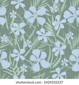 Seamless square pattern with elegant green leaves and blue flowers.Pattern on changeable green background.Elegant texture for printing on fabric,paper.Flat illustration style. Floral botanical pattern