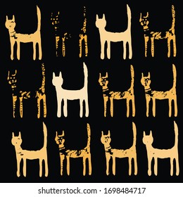 Seamless square pattern with fantasy cats against black background, golden warm colors, silhouettes