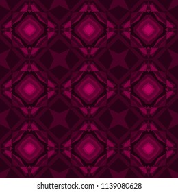 Seamless square pattern from geometrical abstract floral ornaments multicolored in purple shades on a dark background. Vector illustration. Suitable for fabric, wallpaper and wrapping paper