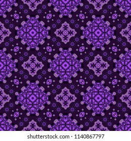 Seamless square pattern from geometrical abstract ornaments multicolored in violet and lilac shades on a dark background. Vector illustration. Suitable for fabric, wallpaper and wrapping paper