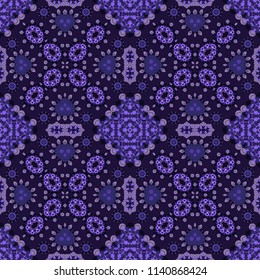 Seamless square pattern from geometrical abstract ornaments multicolored in blue and violet shades on a dark background. Vector illustration. Suitable for fabric, wallpaper and wrapping paper