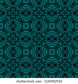 Seamless square pattern from geometrical abstract ornaments multicolored in emerald green shades on a dark background. Vector illustration. Suitable for fabric, wallpaper or wrapping paper