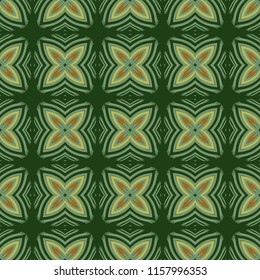 Seamless square pattern from geometrical abstract green ornaments on a dark background. Vector illustration can be used for textiles, wallpaper and wrapping paper