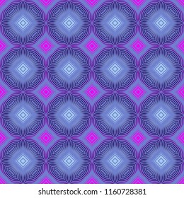 Seamless square pattern from geometrical abstract ornaments multicolored in purple and pink shades on a blue background. Vector illustration. Suitable for fabric, wallpaper and wrapping paper