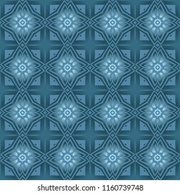 Seamless square pattern from geometrical abstract ornaments multicolored in marine blue shades on a dark background. Vector illustration. Suitable for fabric, wallpaper and wrapping paper