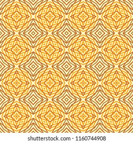 Seamless square pattern from geometrical abstract ornaments multicolored in yellow and orange shades on a light background. Vector illustration. Suitable for fabric, wallpaper and wrapping paper