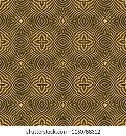 Seamless square pattern from geometrical abstract ornaments multicolored in olive shades on a dark brown background. Vector illustration. Suitable for fabric, wallpaper and wrapping paper