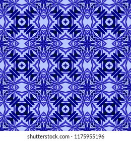 Seamless square pattern from geometrical abstract ornaments on a blue background. Vector illustration. Suitable for fabric, wallpaper and wrapping paper
