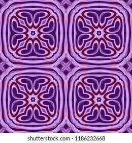 Seamless square pattern from geometrical abstract floral ornaments multicolored in purple shades on a dark background. Vector illustration. Suitable for fabric, wallpaper and wrapping paper