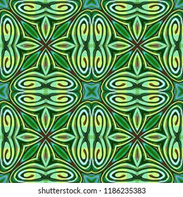 Seamless square pattern from geometrical abstract floral ornaments multicolored in green shades on a dark brown background. Vector illustration. Suitable for fabric, wallpaper and wrapping paper