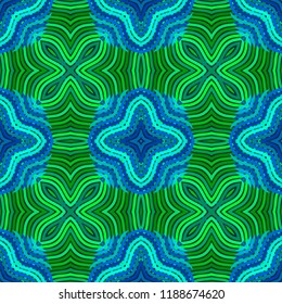 Seamless square pattern from geometrical abstract ornaments multicolored in green and blue shades on a dark background. Vector illustration. Suitable for fabric, wallpaper, wrapping paper