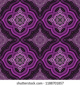 Seamless square pattern from geometrical abstract ornaments multicolored in pink and purple shades on a dark background. Vector illustration. Suitable for fabric, wallpaper, wrapping paper