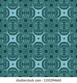 Seamless square pattern from geometrical abstract ornaments multicolored in turquoise shades on a dark green background. Vector illustration. Suitable for fabric, wallpaper, wrapping paper