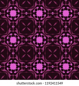 Seamless square pattern from geometrical abstract ornaments multicolored in pink and purple shades on a black background. Vector illustration. Suitable for fabric, wallpaper, wrapping paper