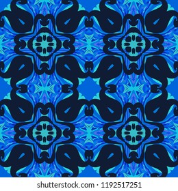 Seamless square pattern from geometrical abstract ornaments multicolored in blue shades on a dark background. Vector illustration. Suitable for fabric, wallpaper, wrapping paper