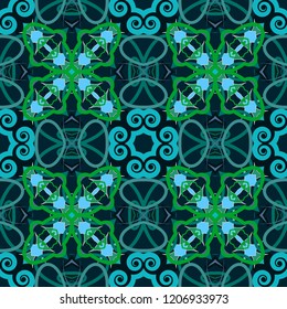 Seamless square pattern from geometrical abstract ornaments multicolored in green and turquoise shades on a dark background. Vector illustration. Suitable for fabric, wallpaper, wrapping paper