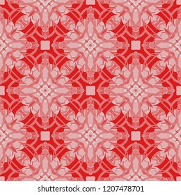 Seamless square pattern from geometrical abstract ornaments multicolored in pink and white shades on a red background. Vector illustration. Suitable for fabric, wallpaper, wrapping paper