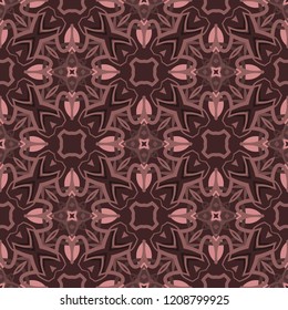 Seamless square pattern from geometrical abstract ornaments on a dark brown background. Vector illustration. Suitable for fabric, wallpaper, wrapping paper