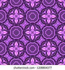 Seamless square pattern from geometrical abstract ornaments multicolored in pink and purple shades on a dark violet background. Vector illustration. Suitable for fabric, wallpaper, wrapping paper