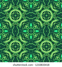 Seamless square pattern from geometrical abstract ornaments multicolored in green shades on a dark background. Vector illustration. Suitable for fabric, wallpaper, wrapping paper