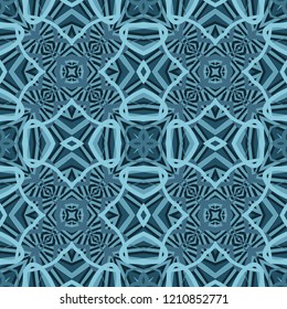 Seamless square pattern from geometrical abstract ornaments multicolored in turquoise shades on a dark background. Vector illustration. Suitable for fabric, wallpaper, wrapping paper