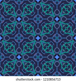 Seamless square pattern from geometrical abstract ornaments multicolored in green, purple and blue shades on a dark background. Vector illustration. Suitable for fabric, wallpaper, wrapping paper