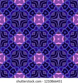 Seamless square pattern from geometrical abstract ornaments multicolored in blue and pink shades on a dark background. Vector illustration. Suitable for fabric, wallpaper, wrapping paper