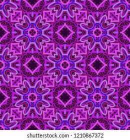 Seamless square pattern from geometrical abstract ornaments multicolored in blue, pink and purple shades on a dark background. Vector illustration. Suitable for fabric, wallpaper, wrapping paper