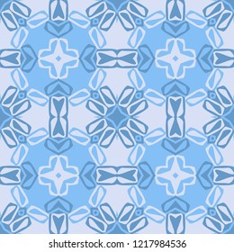 Seamless square pattern from geometrical abstract ornaments multicolored in blue shades on a light lilac background. Vector illustration. Suitable for fabric, wallpaper or wrapping paper