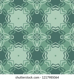 Seamless square pattern from geometrical abstract ornaments multicolored in pale green shades. Vector illustration. Suitable for fabric, wallpaper or wrapping paper