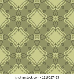 Seamless square pattern from geometrical abstract ornaments multicolored in olive shades. Vector illustration. Suitable for fabric, wallpaper or wrapping paper