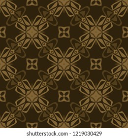 Seamless square pattern from geometrical abstract ornaments in brown shades on a dark background. Vector illustration. Suitable for fabric, wallpaper or wrapping paper