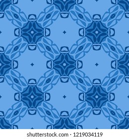 Seamless square pattern from geometrical abstract ornaments multicolored in blue shades on a light background. Vector illustration. Suitable for fabric, wallpaper or wrapping paper
